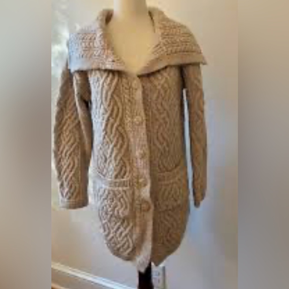 Aran Mor 100% Wool Chunky Cable Knit Cardigan Sz S grandpacore cottagecore